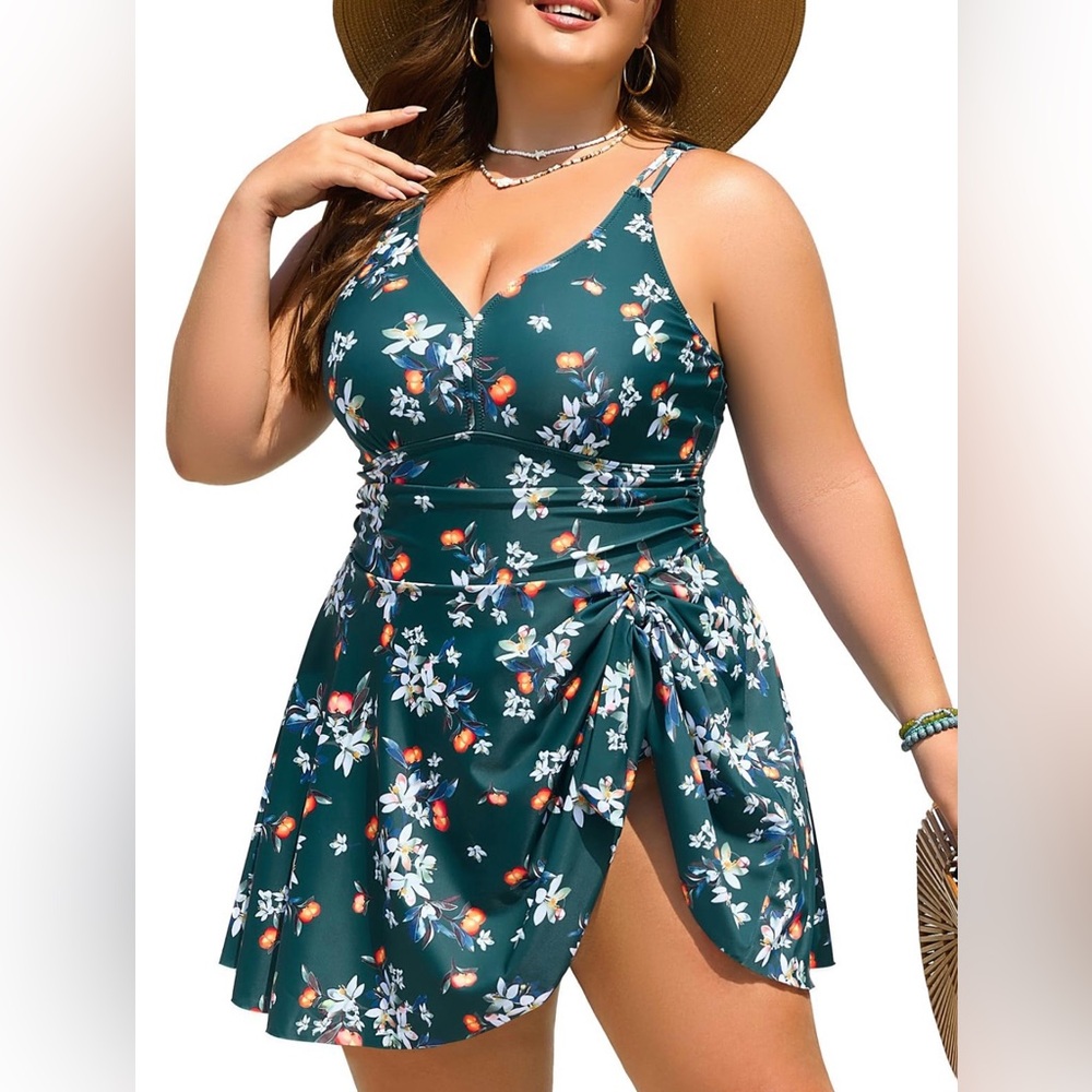 Floral Green Swimsuit Dress, plus size 18W